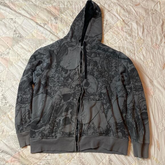 faded glory vintage y2k oversized skull print fleece lined hoodie medium - Picture 1 of 7
